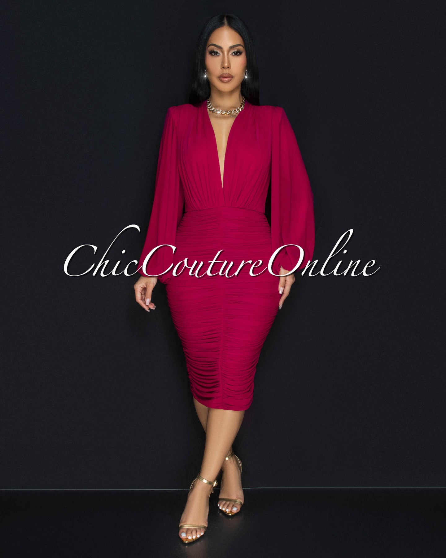 Vanica Magenta Mesh Overlay Plunging V-Neck Midi Dress (PRE-ORDER)