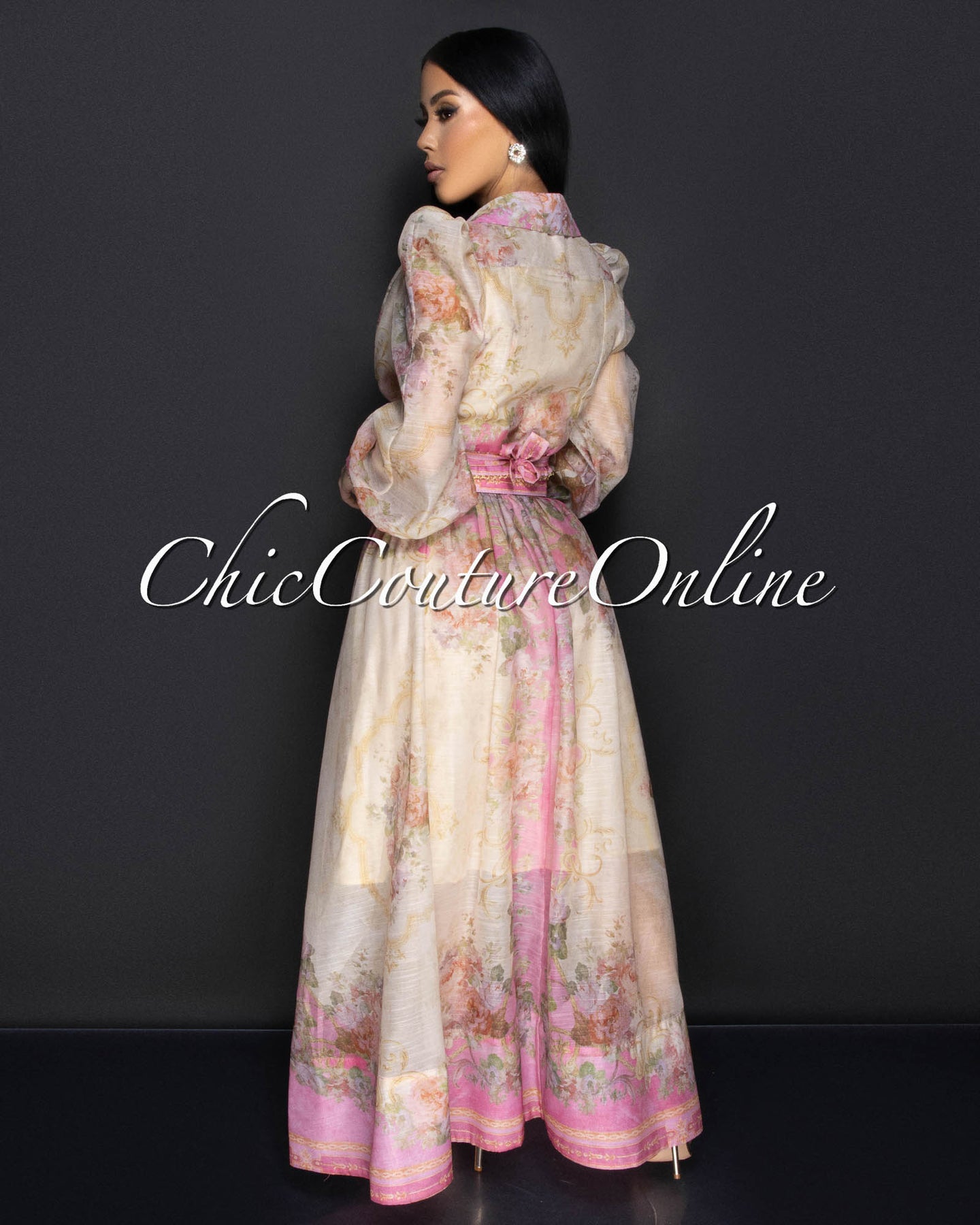 Mimu Pink Nude Floral Blouse & Belted Long Skirt Set