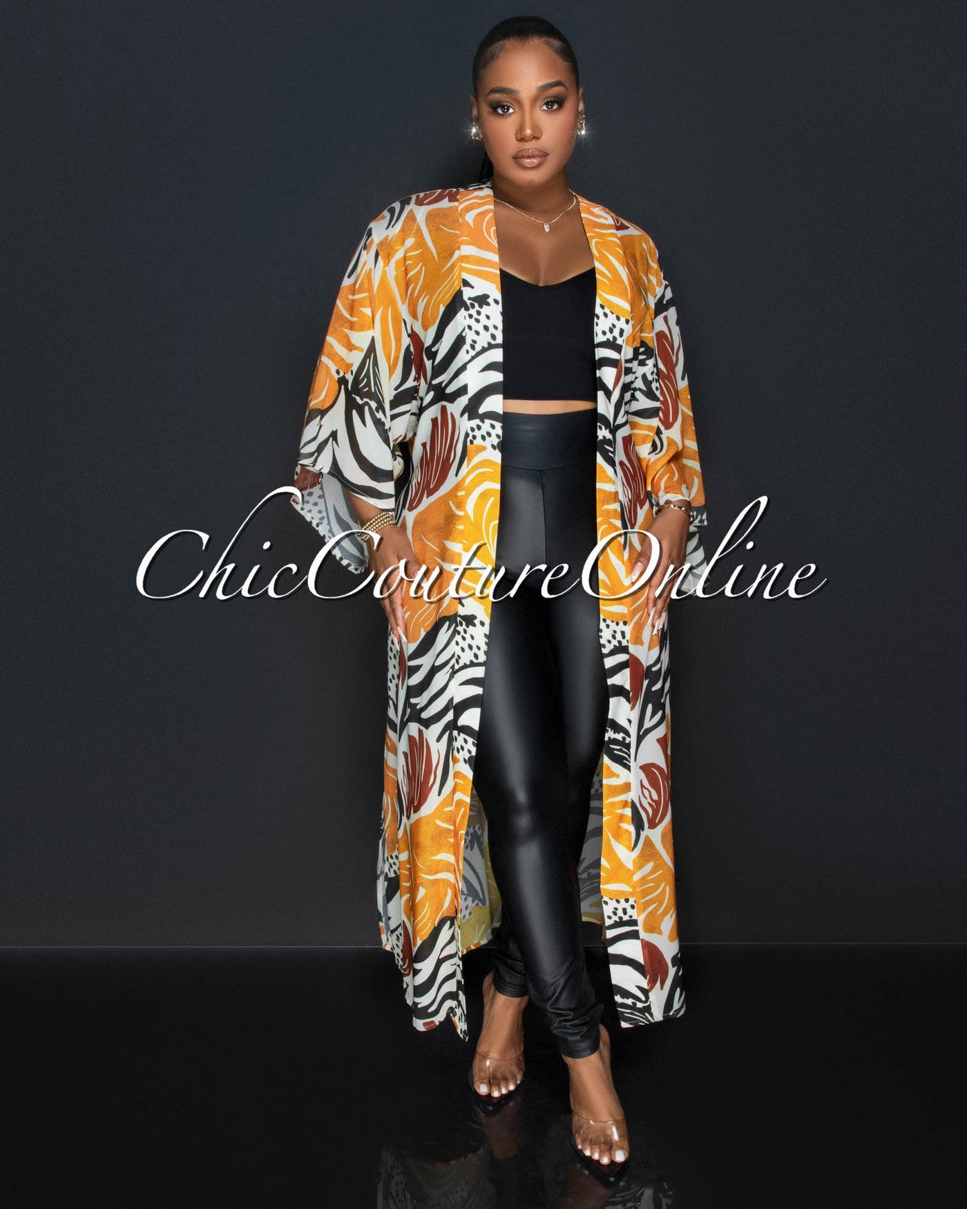 Iliza Orange Black Leaf Print Kimono & Wide Pants Set (5/28)