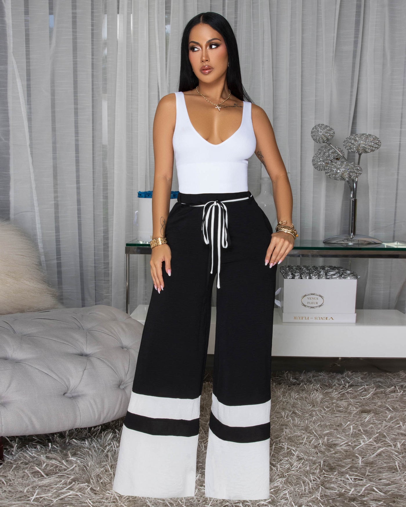 Teagan Black White Trim Silky Pants