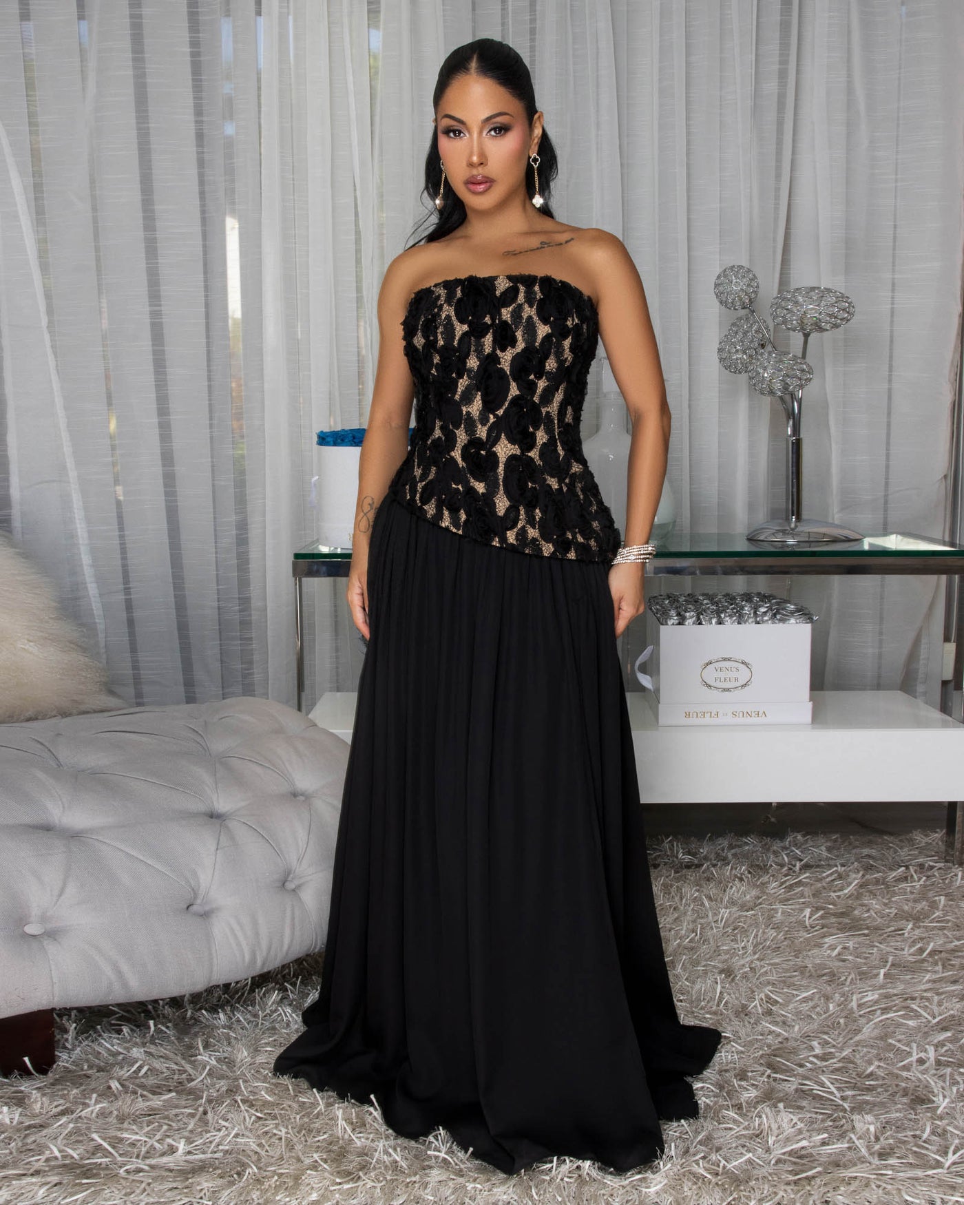 Yulia Black Lace Accent Nude Illusion Maxi Dress
