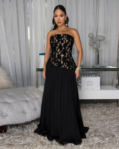 Yulia Black Lace Accent Nude Illusion Maxi Dress