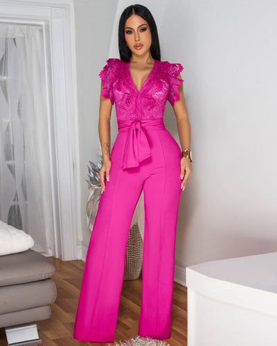 Ecco Fuchsia Crochet Lace See-Through Top Jumpsuit
