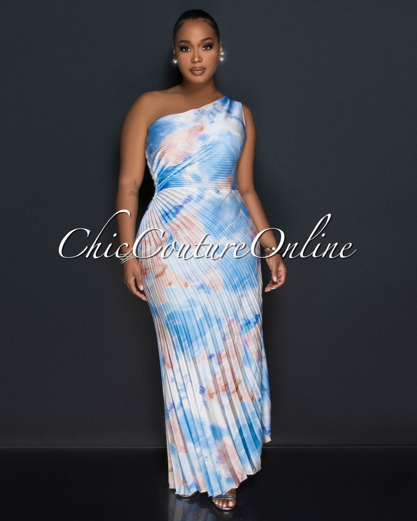 Sabia Blue Nude Pleated Single Shoulder Silky Maxi Dress