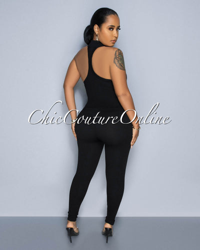 Charnelle Black Mock Top & Leggings Ribbed Sculpting Set