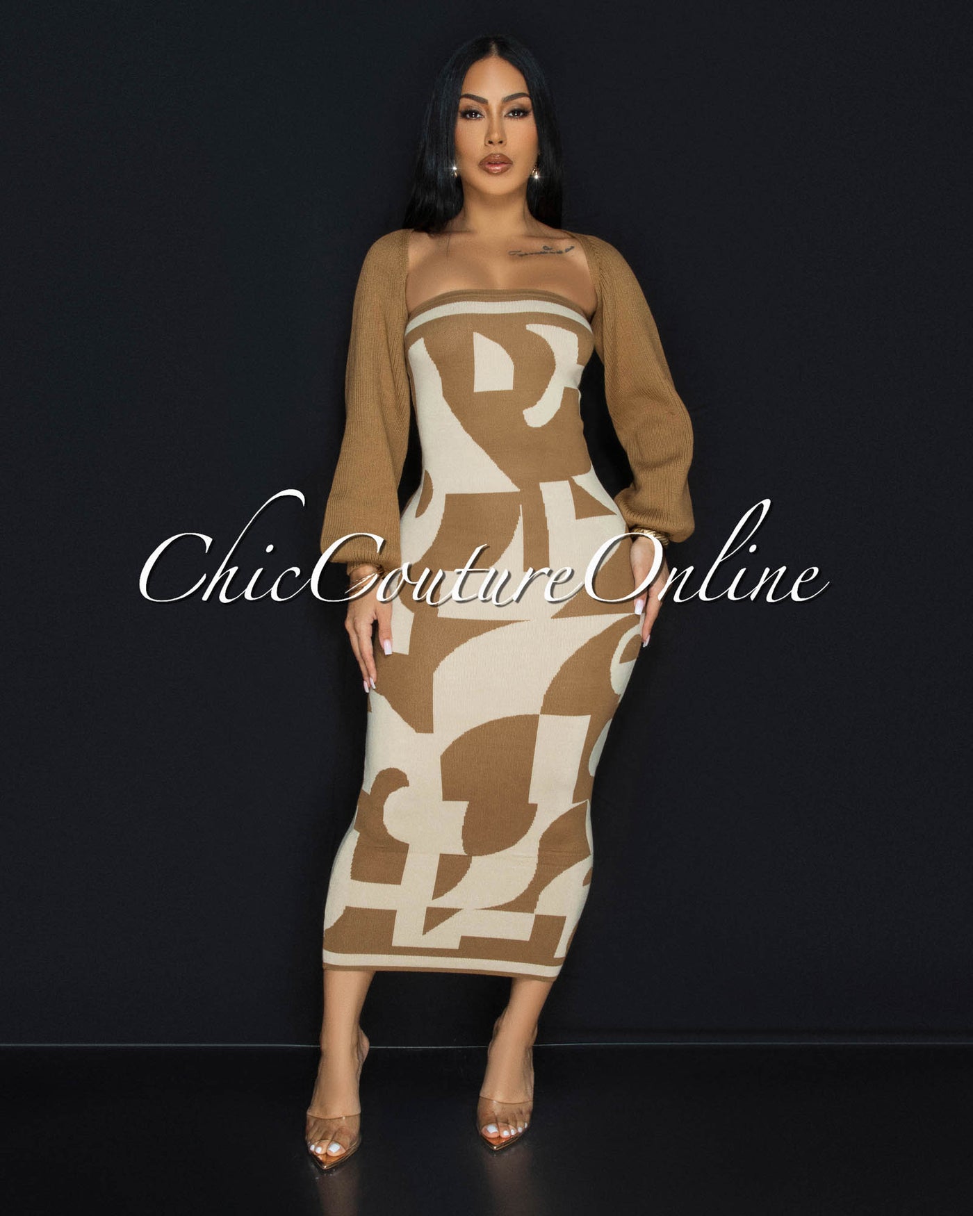 Valaya Nude Mocha Knit Midi Dress