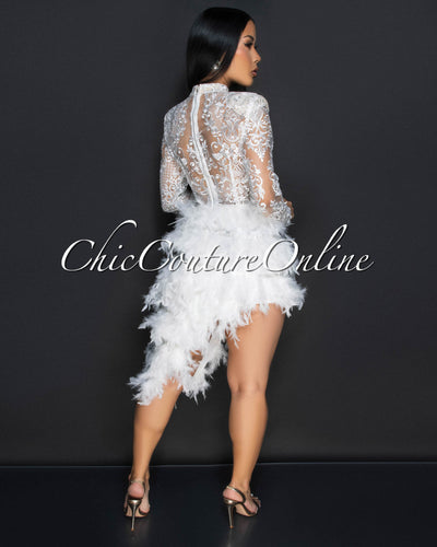 Cesar White Nude Illusion Sequins Feathers Hem Dress