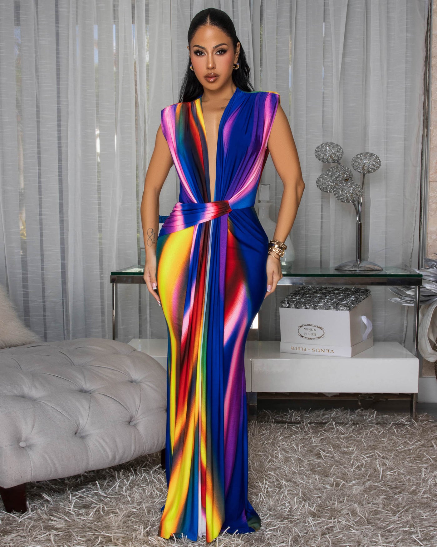 Alea Blue Multi-Color Deep V Neck Maxi Dress