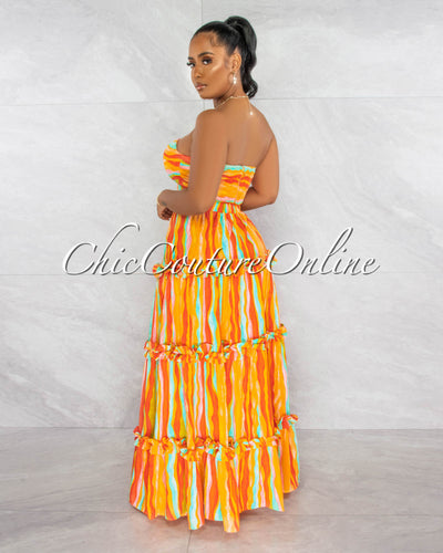 *Ruhl Orange Print Crop Top & Ruffle Maxi Skirt Set