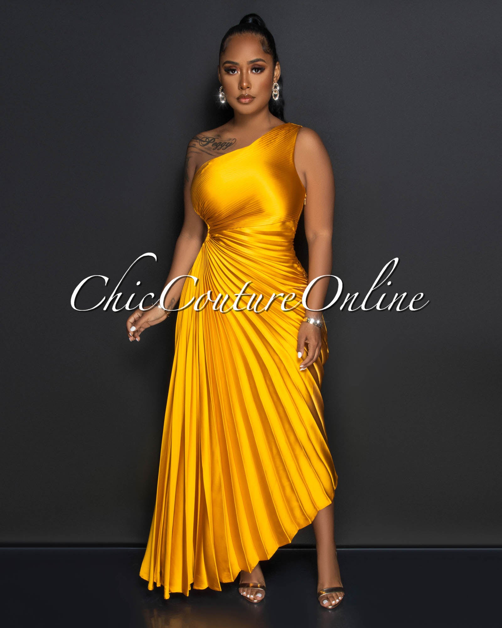 Lorencia Mustard Pleated Single Shoulder Maxi Dress