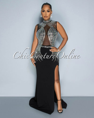 Charlotte Black Mesh Bust Rhinestones Maxi Dress