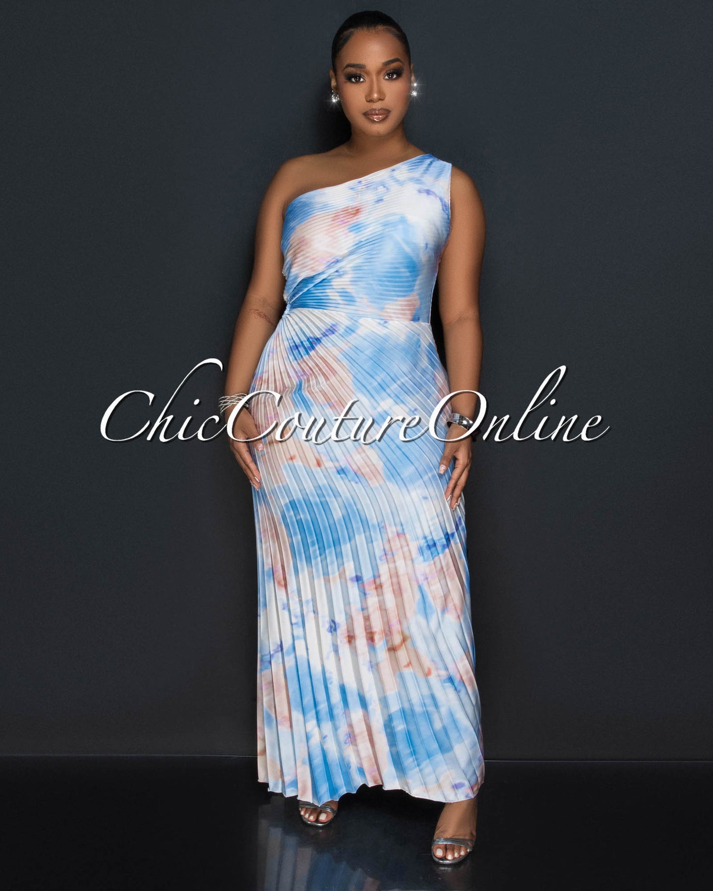 *Sabia Blue Nude Pleated Single Shoulder Silky Maxi Dress