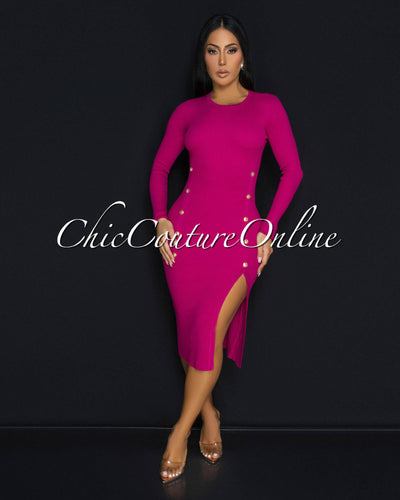 Karissa Magenta Ribbed Gold Buttons Sweater Dress