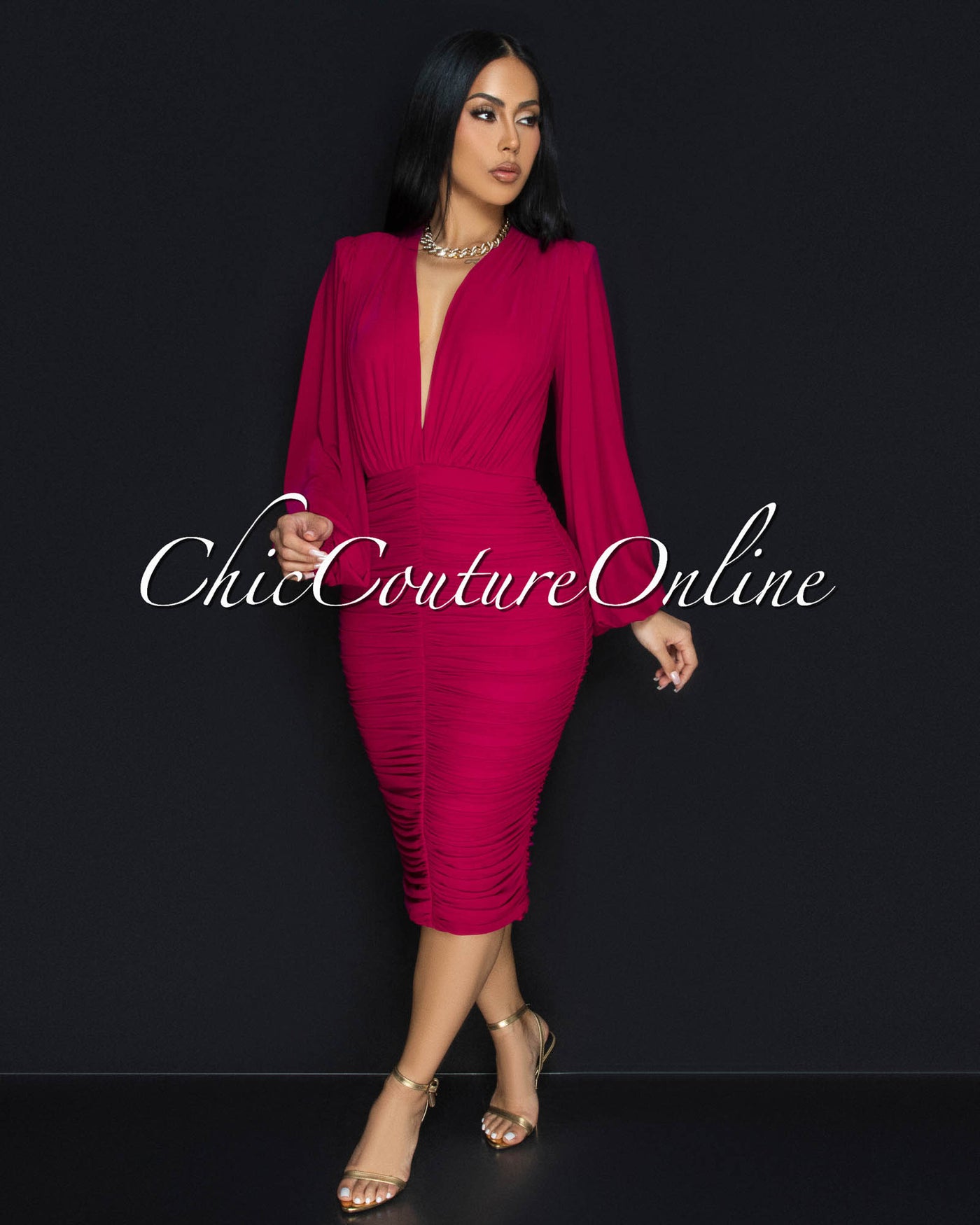 Vanica Magenta Mesh Overlay Plunging V-Neck Midi Dress