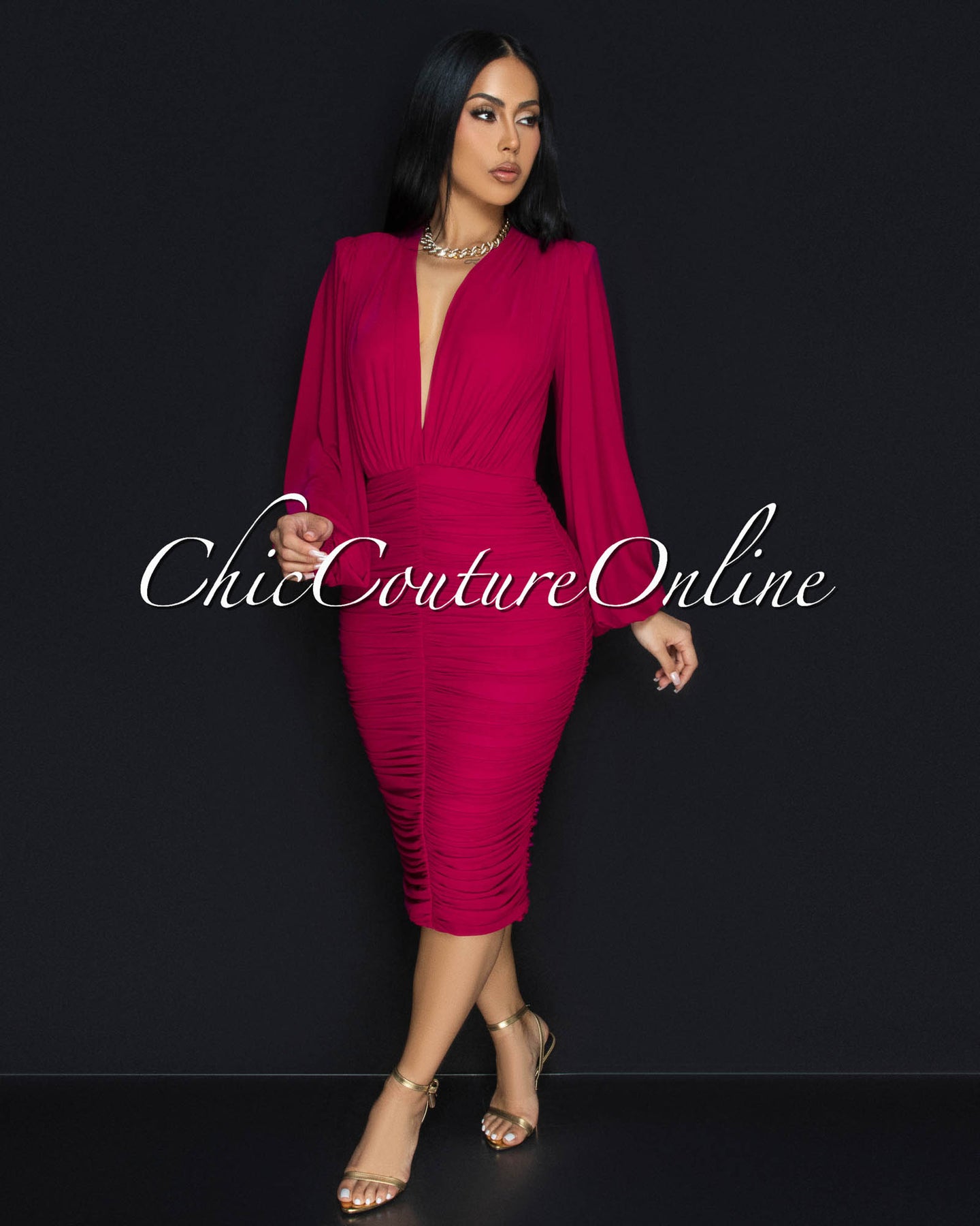 Vanica Magenta Mesh Overlay Plunging V-Neck Midi Dress (PRE-ORDER)
