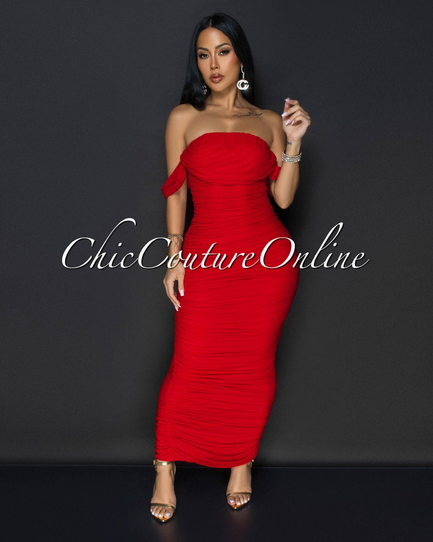 Vella Red Mesh Overlay Ruched Off-The Shoulder Dress