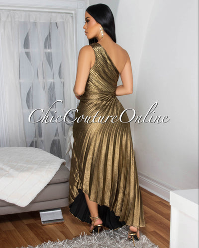 Jovinia Bronze Pleated Single Shoulder Maxi Dress