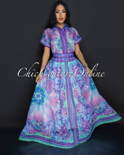 Aramis Purple Multi-Color Flower Top & Maxi Skirt Set