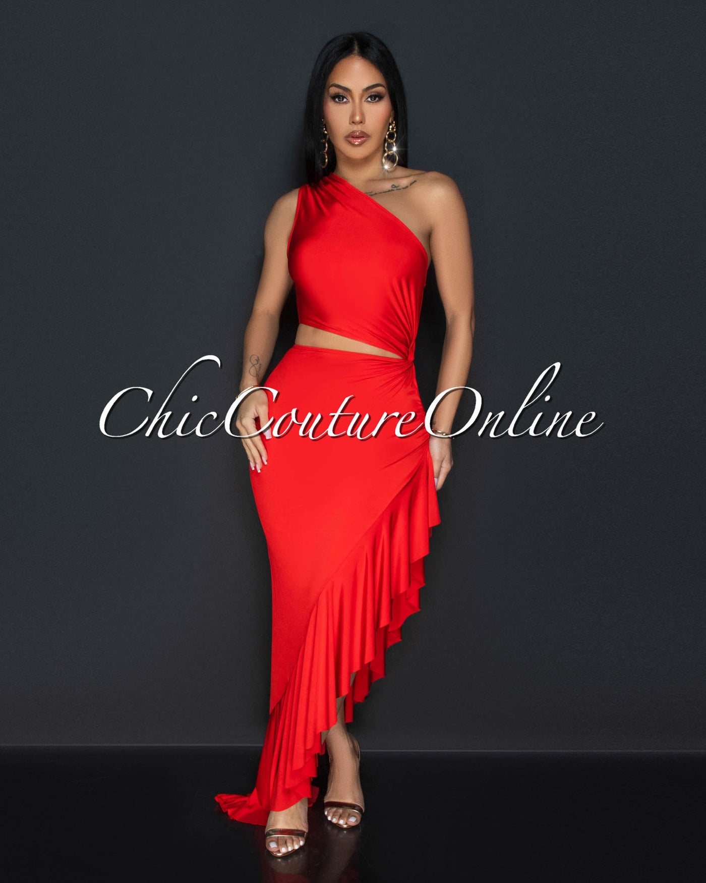 Nilia Tomato Red Cut-Out Hi-Lo Ruffle Hem Maxi Dress