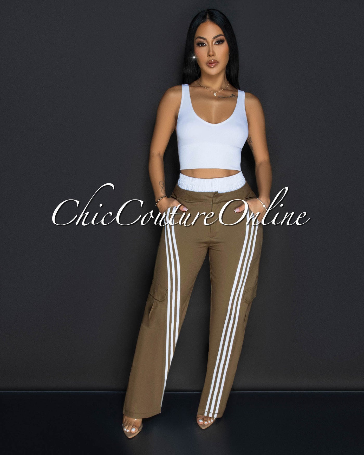 Elliz Olive White Sporty Cargo Pants