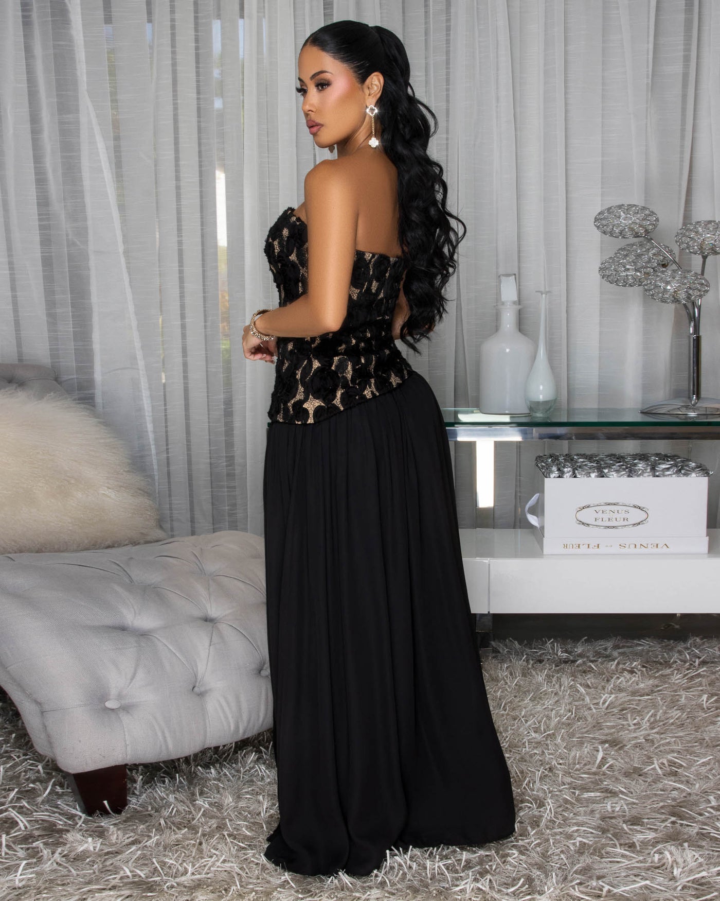 Yulia Black Lace Accent Nude Illusion Maxi Dress