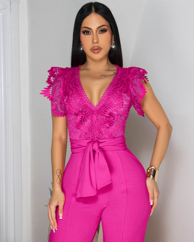 Ecco Fuchsia Crochet Lace See-Through Top Jumpsuit