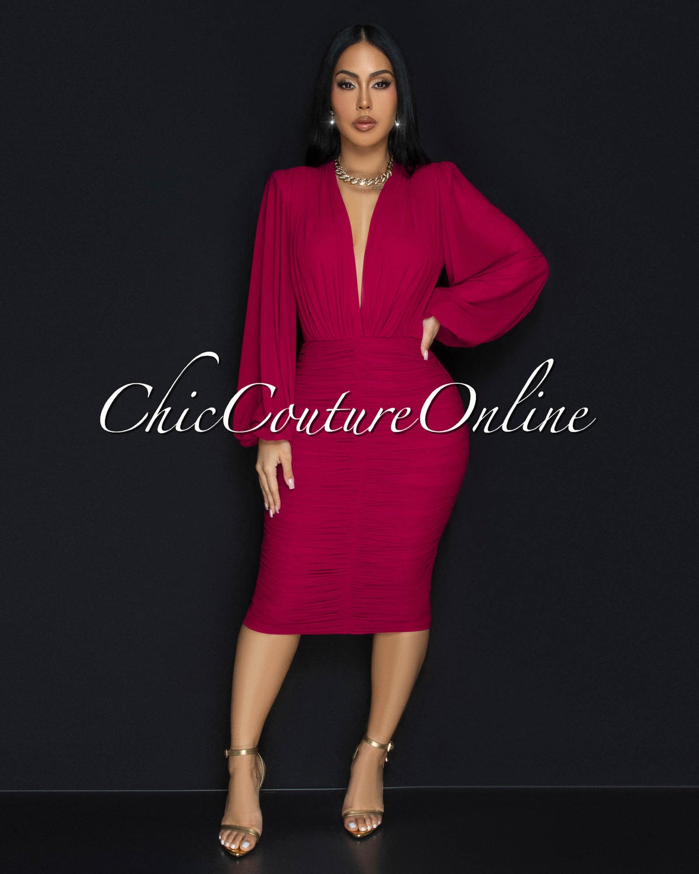 Vanica Magenta Mesh Overlay Plunging V-Neck Midi Dress