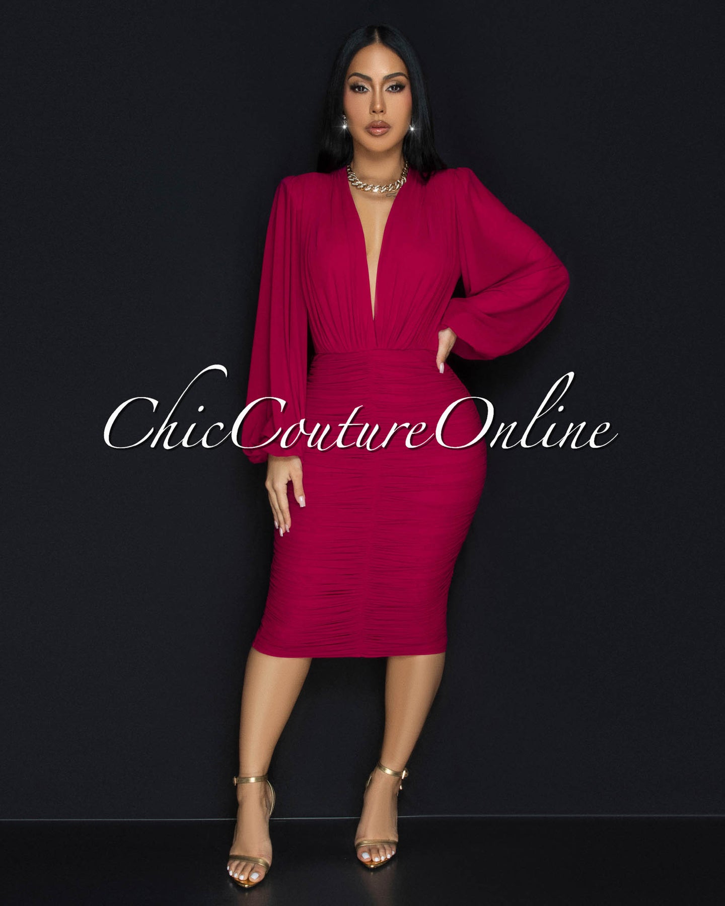 Vanica Magenta Mesh Overlay Plunging V-Neck Midi Dress (PRE-ORDER)