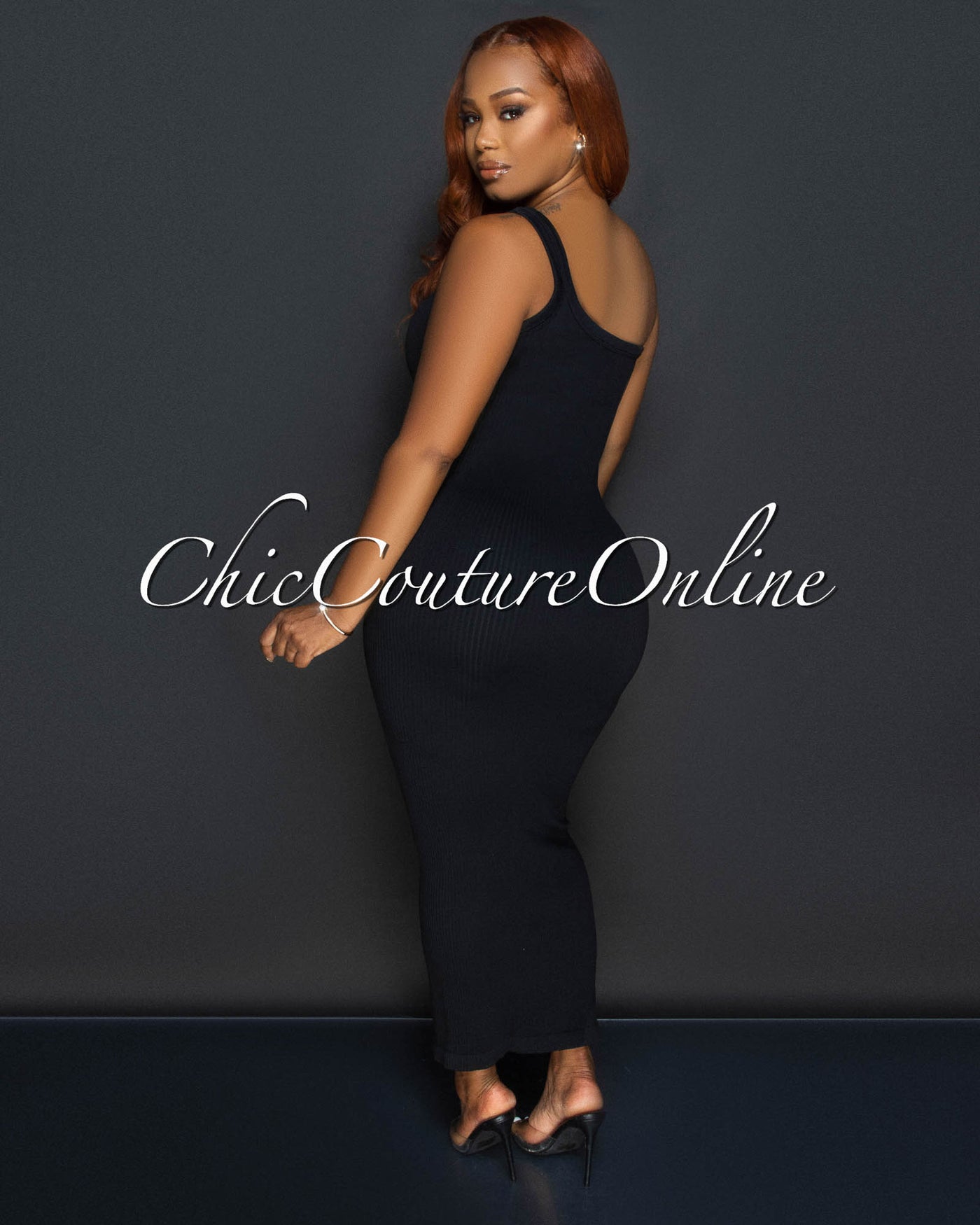 Thia Black Single Shoulder Ribbed Midi Dress