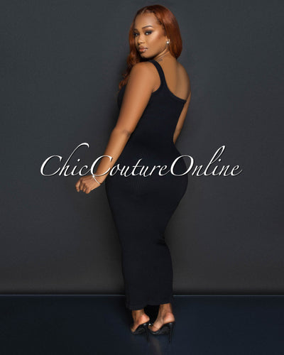 Thia Black Single Shoulder Ribbed Midi Dress