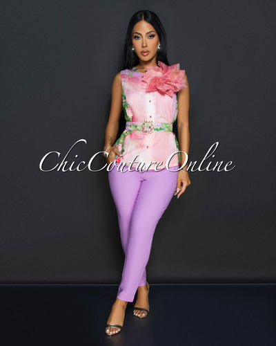 Devika Pink Multi-Color Flower Accent Top & Maxi Skirt Set