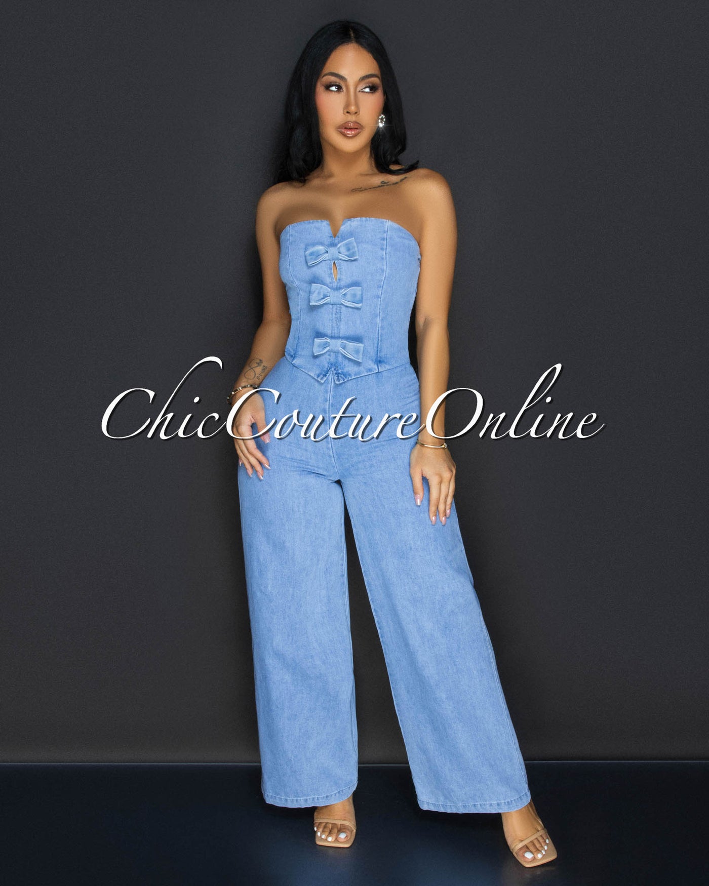 Venette Light Denim Bow Strapless Jumpsuit