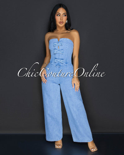 Venette Light Denim Bow Strapless Jumpsuit