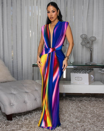 Alea Blue Multi-Color Deep V Neck Maxi Dress