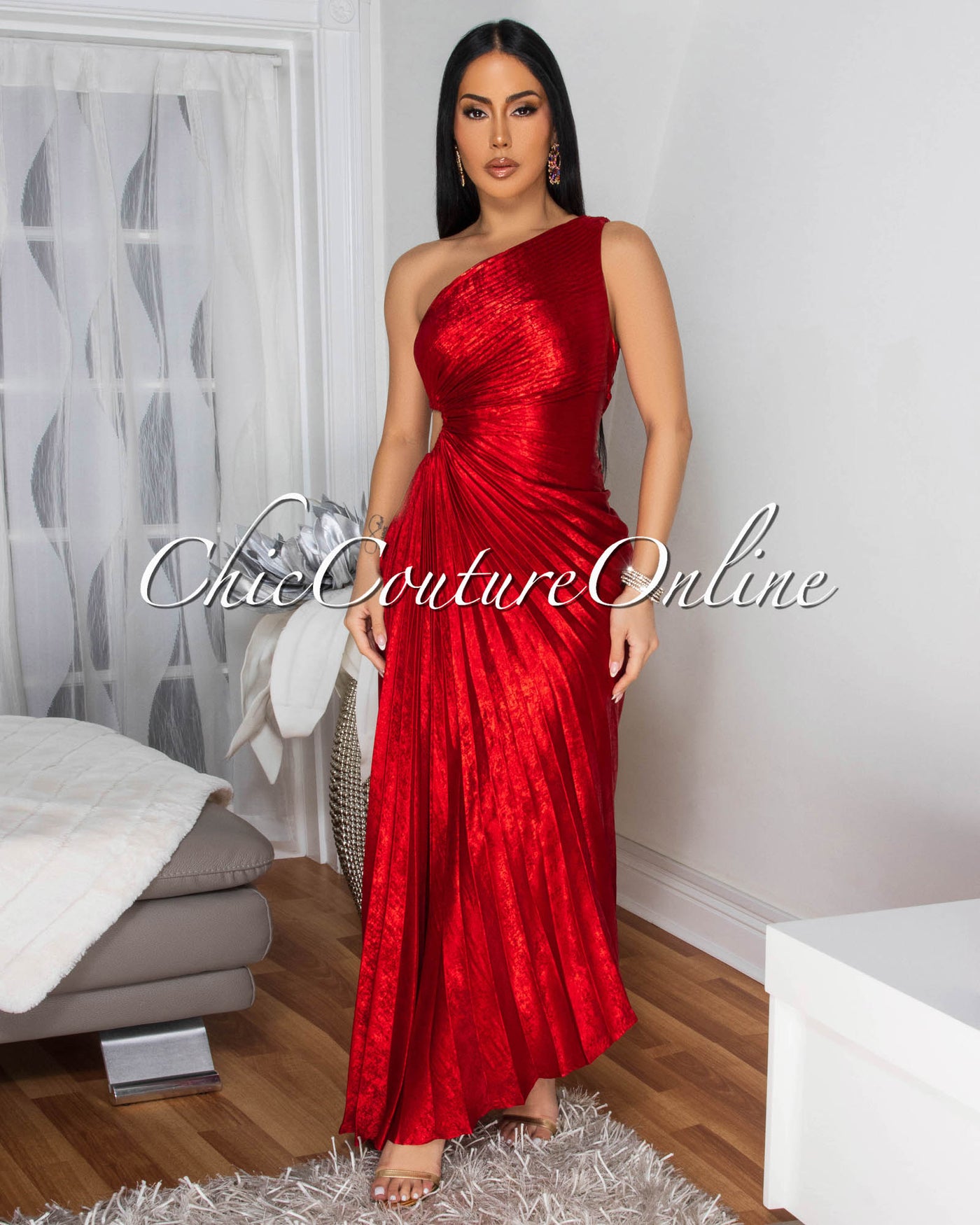 Jovinia Red Pleated Single Shoulder Maxi Dress