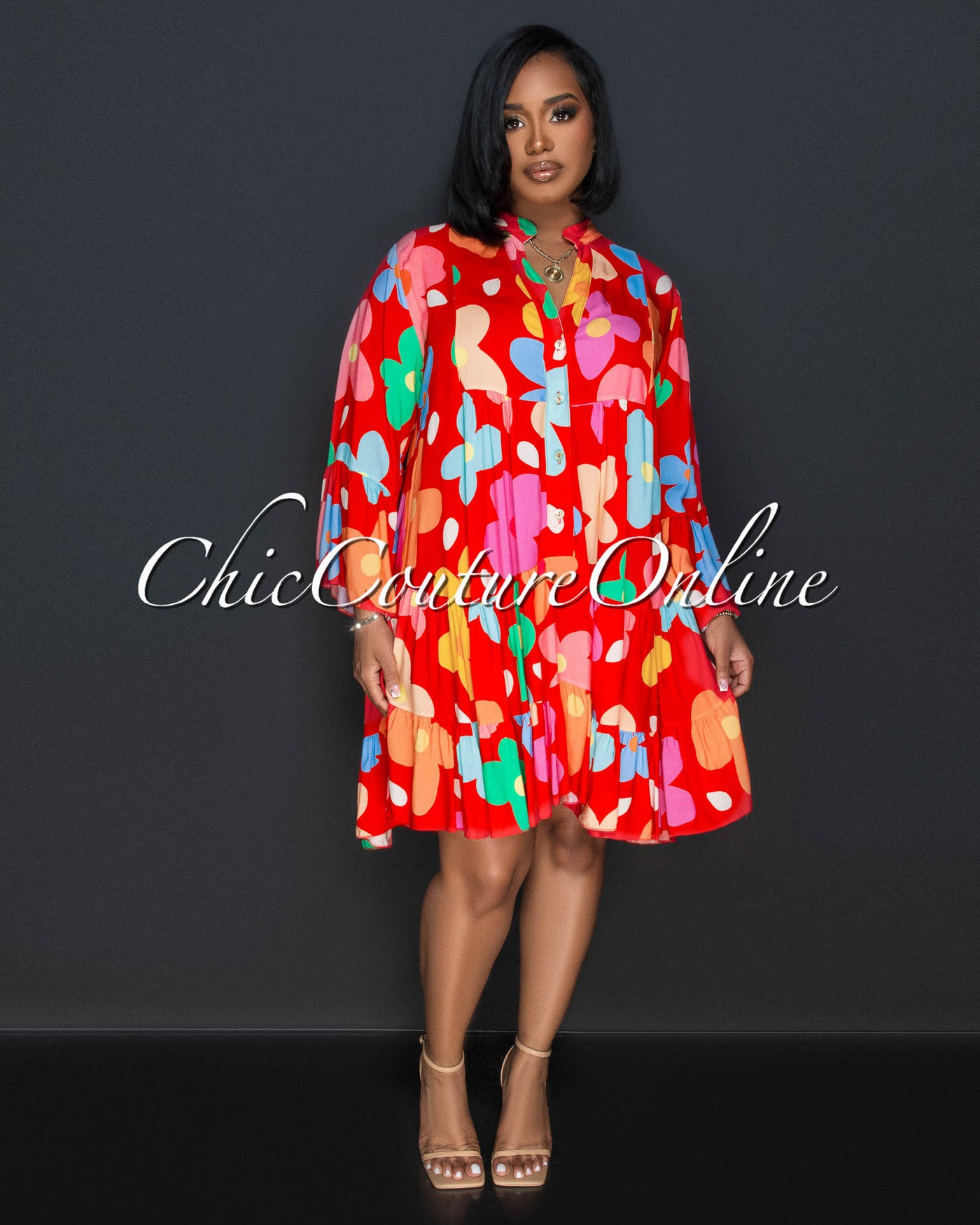Charlene Red Multi-Color Floral Print Shirt Dress