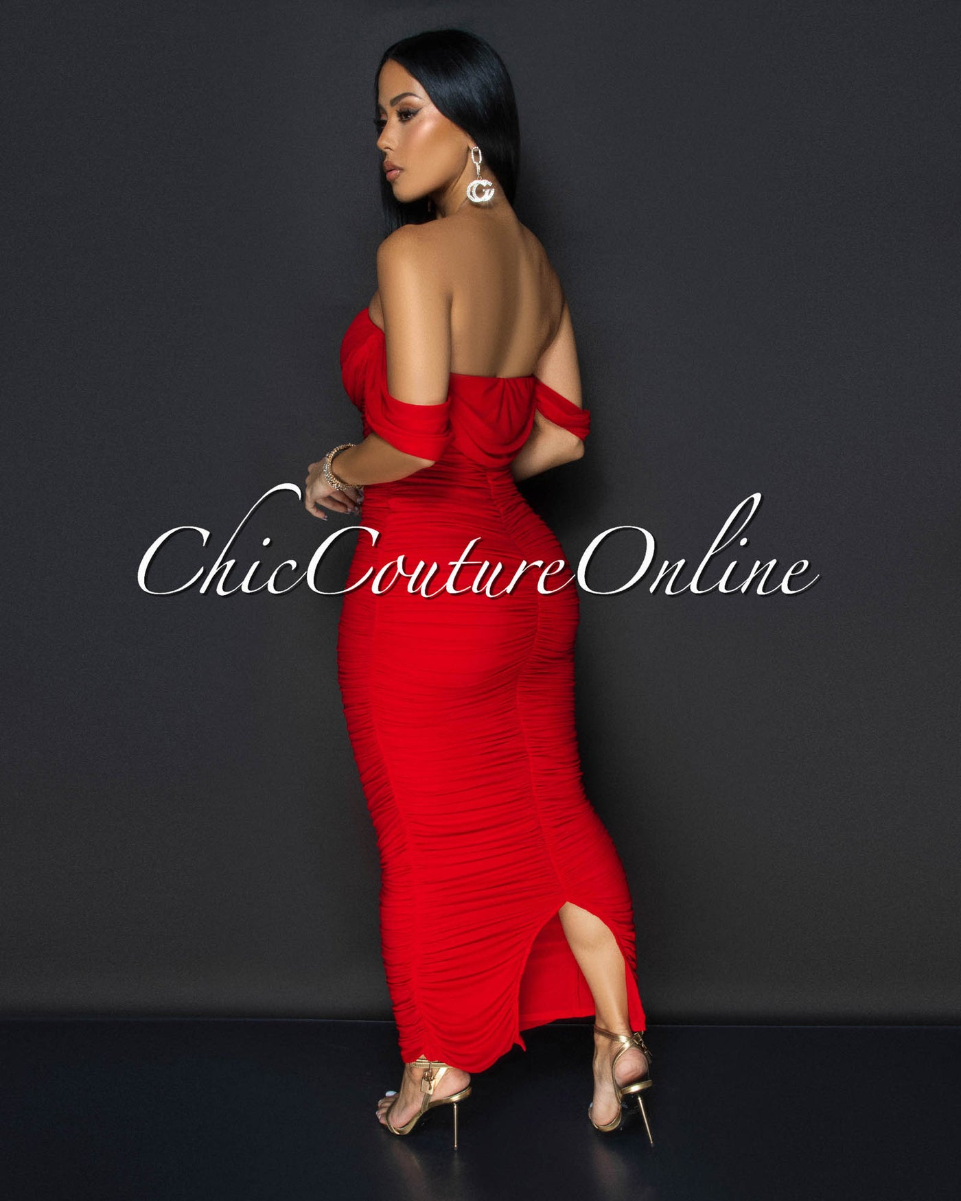 Vella Red Mesh Overlay Ruched Off-The Shoulder Dress