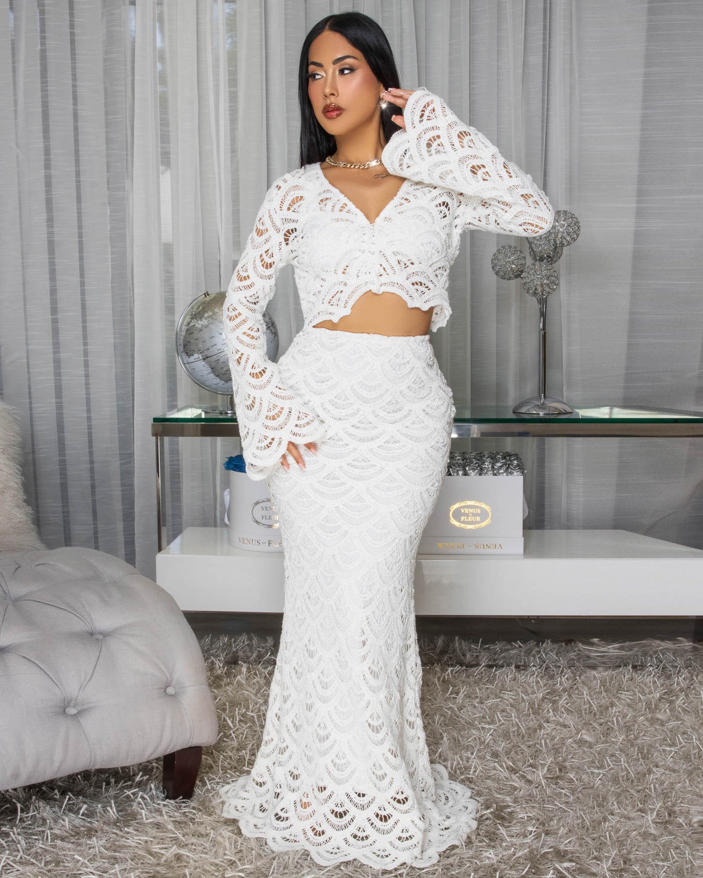 Elona Cream 3 Piece Crochet Skirt Set