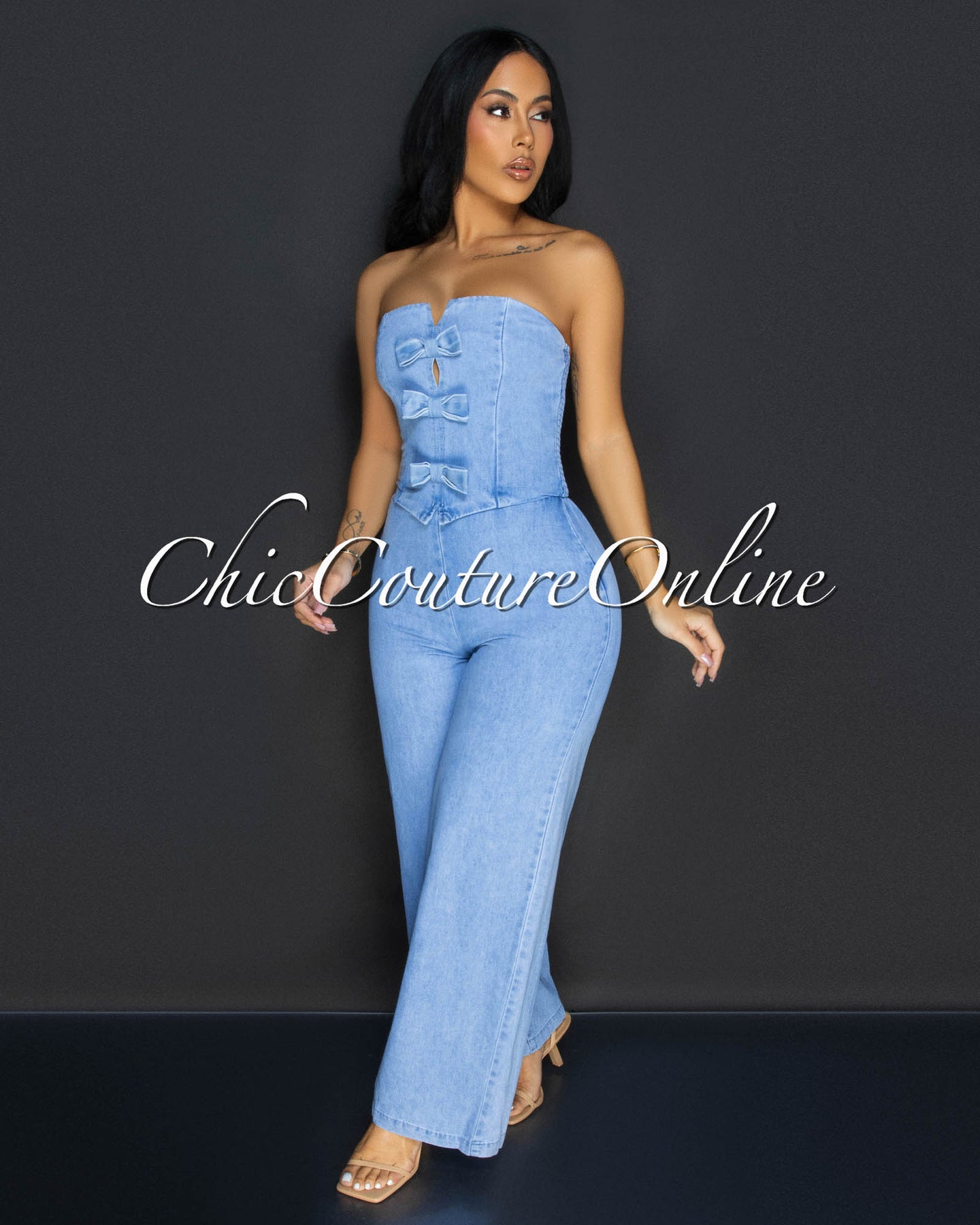 Venette Light Denim Bow Strapless Jumpsuit