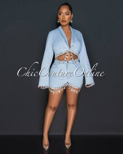 Derek Light Denim Rhinestones Crop Top & Mini Skirt Set