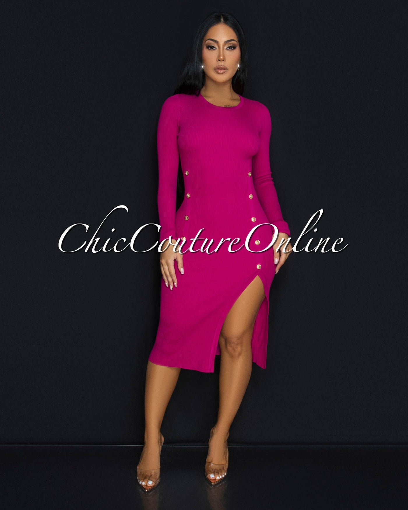 Karissa Magenta Ribbed Gold Buttons Sweater Dress