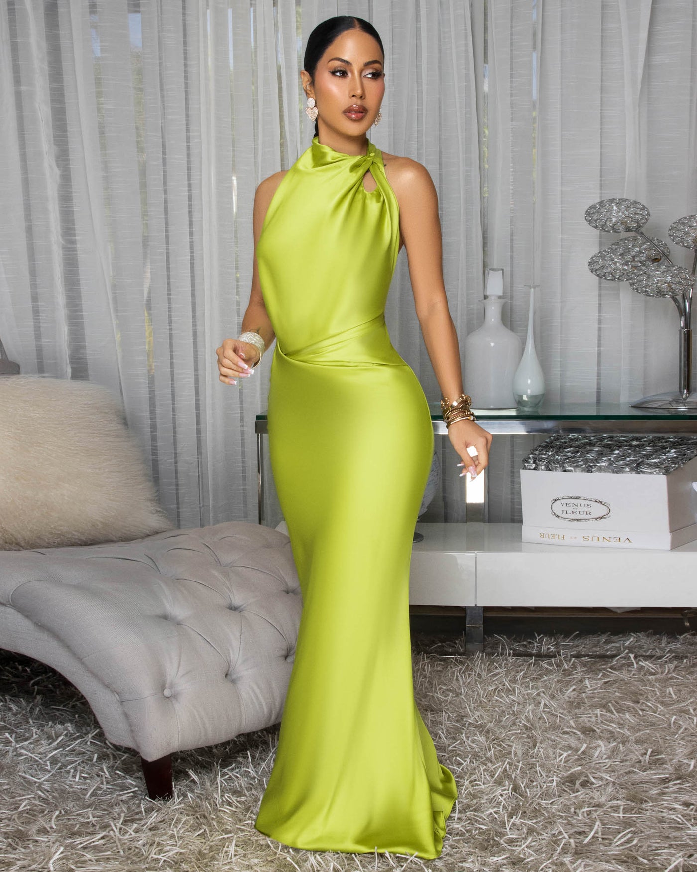 Dahlia Lime Draped Halter Maxi Dress