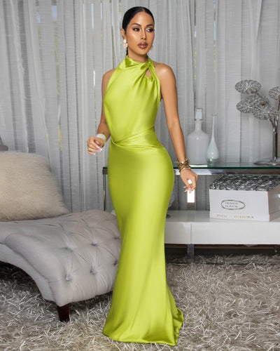 Dahlia Lime Draped Halter Maxi Dress