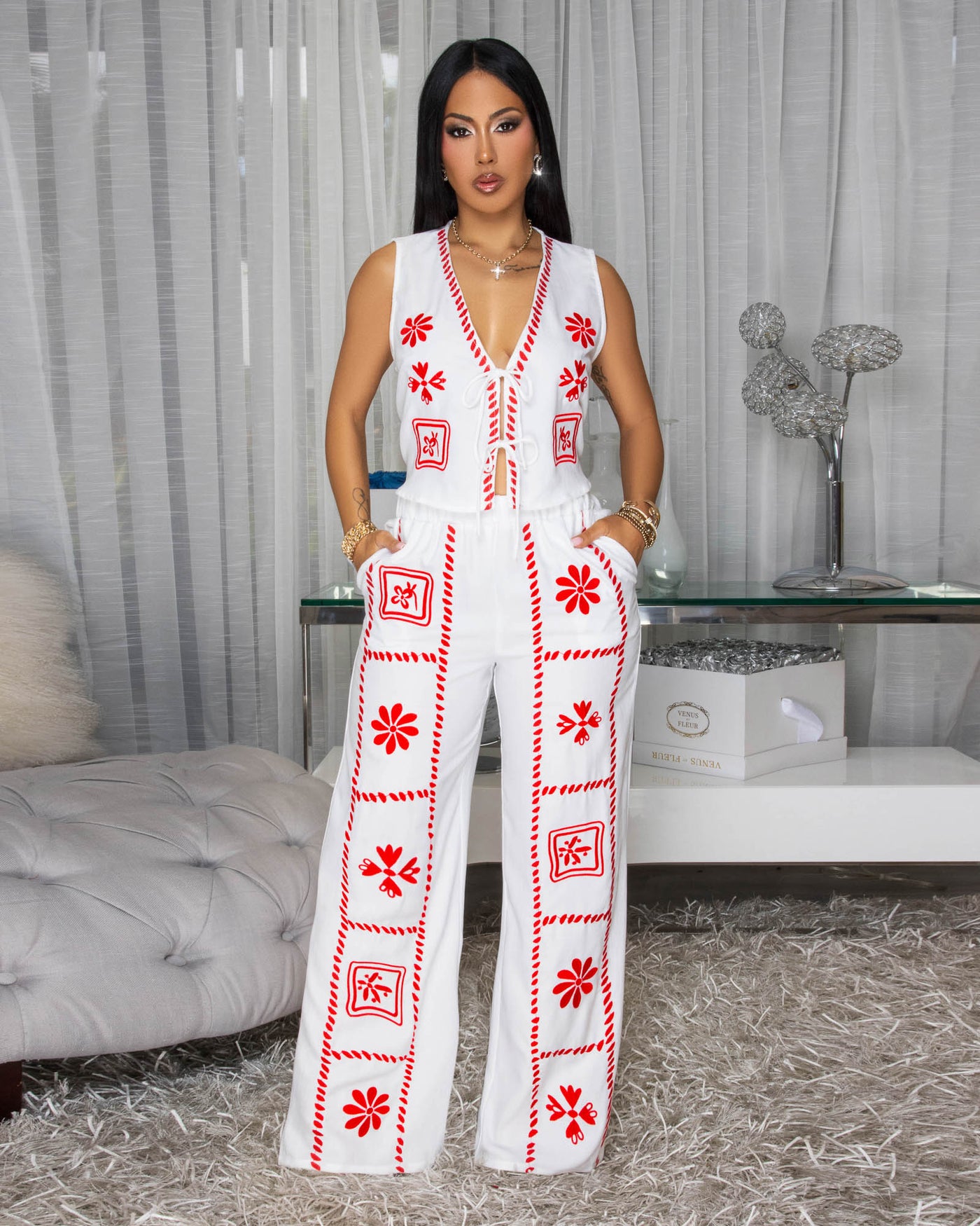Jianna White Red Embroidery Pants Set