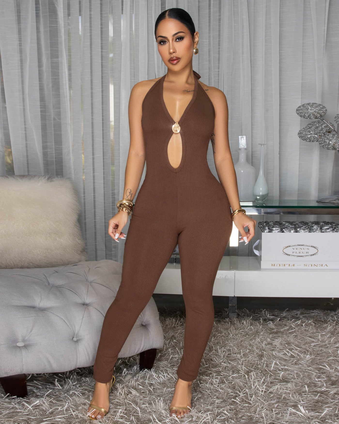 Rosalia Mocha Body-Con Ribbed Halter Jumpsuit