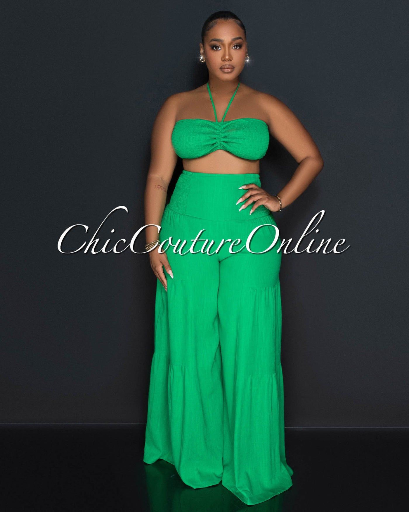 Lula Green Halter Smocked Crop Top & Linen Wide Pants Set