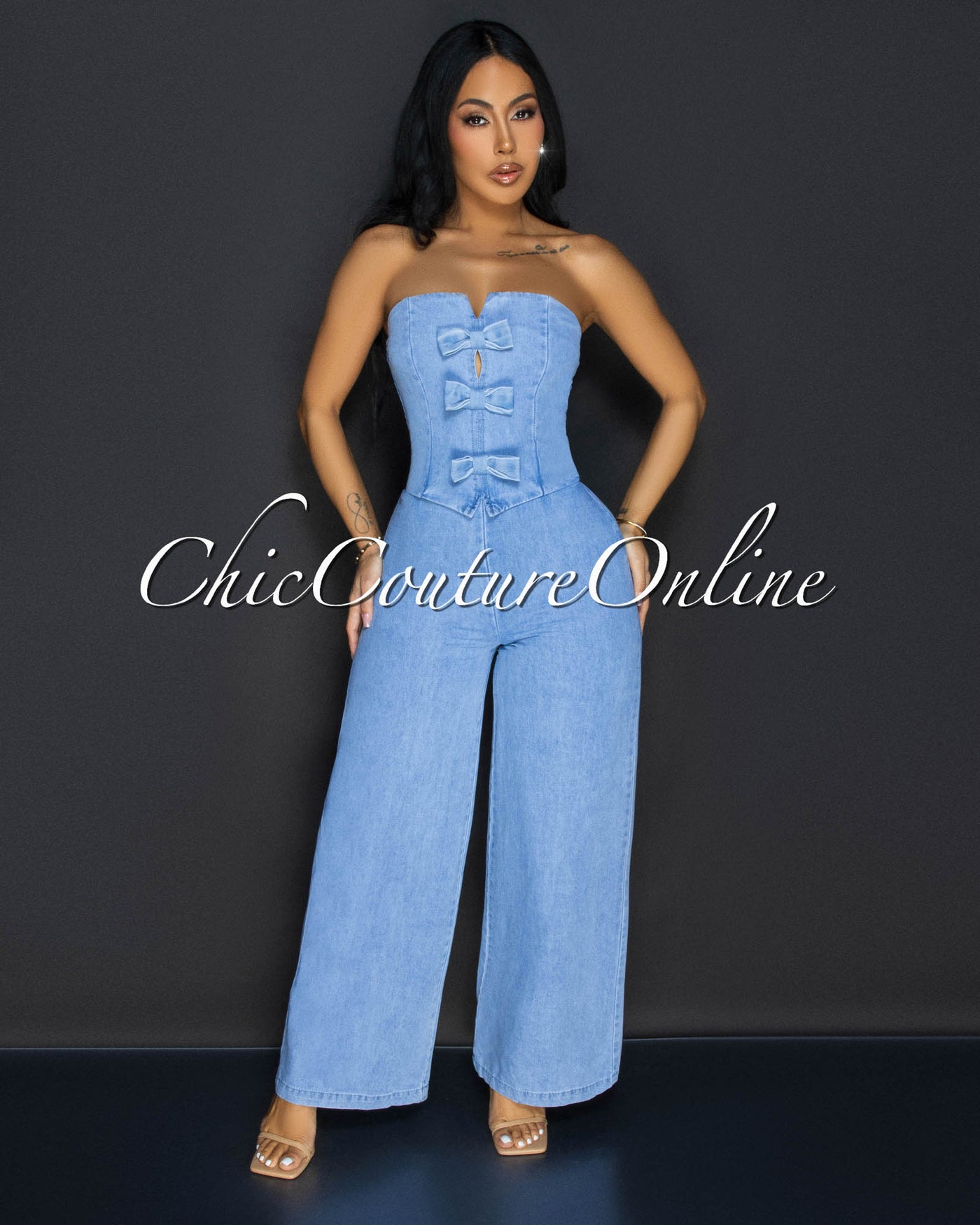 Venette Light Denim Bow Strapless Jumpsuit
