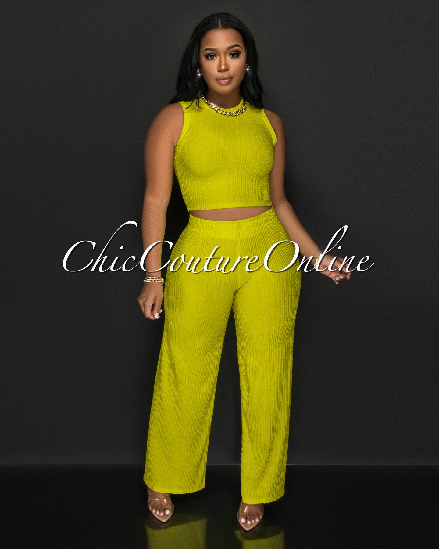 Katye Lime Front Crop Top & Wide Pants Textured Set