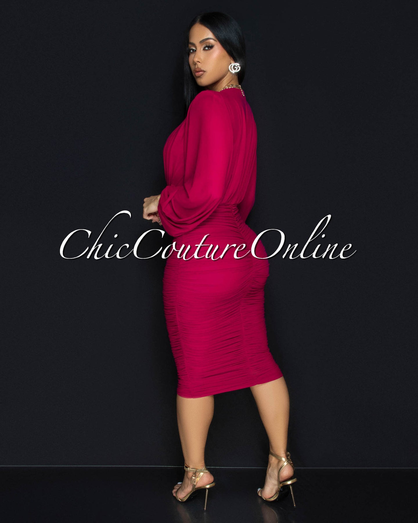 Vanica Magenta Mesh Overlay Plunging V-Neck Midi Dress (PRE-ORDER)