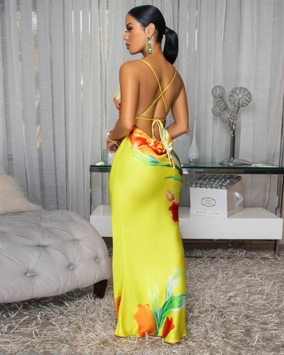 Francisca Yellow Multi-Color Floral Print Silky Slip Dress